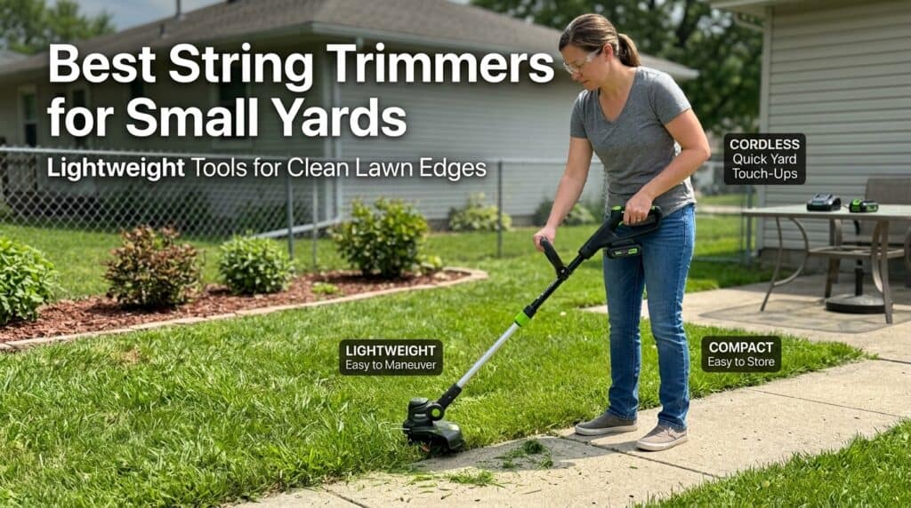 Woman using a lightweight string trimmer on a small yard lawn.