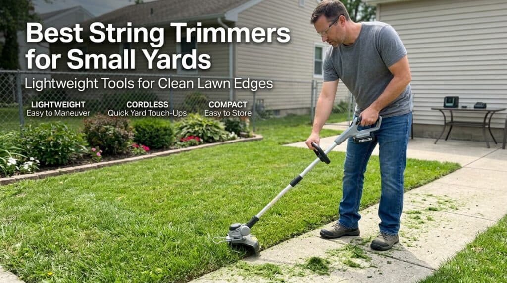 Man using a string trimmer on a small yard for lawn edging and trimming.