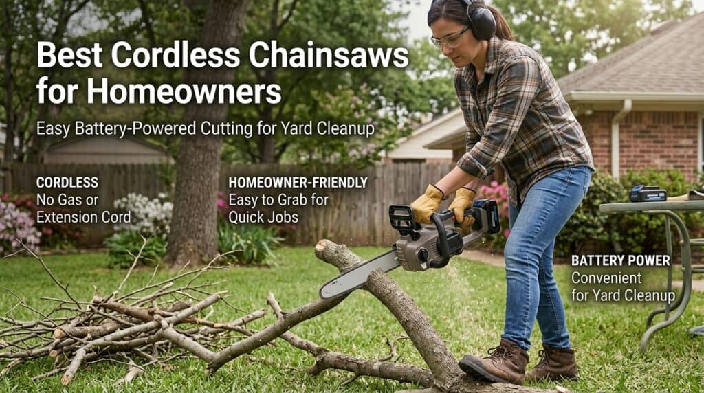 Woman using cordless chainsaw for yard cleanup outdoors.