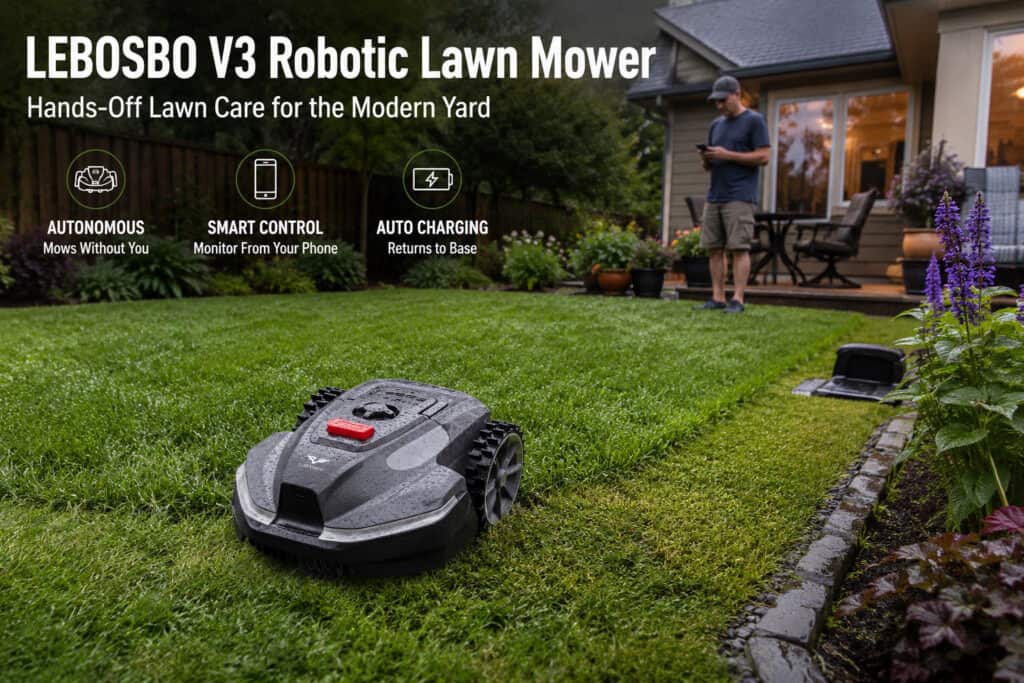 Robotic lawn mower cutting grass in a modern backyard with a person using a phone nearby.
