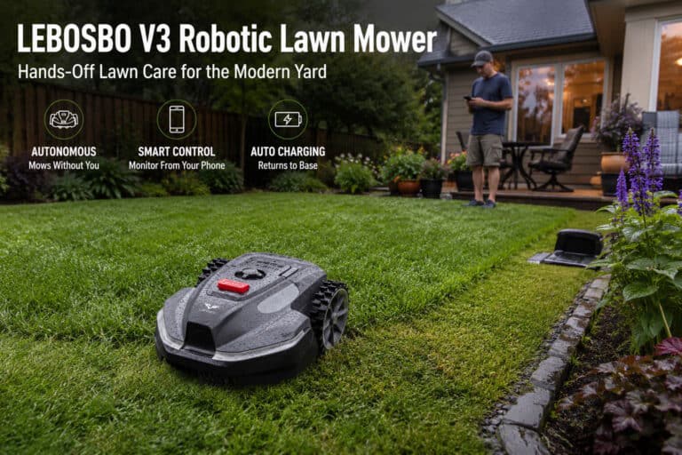 Robotic lawn mower cutting grass in a modern backyard with a person using a phone nearby.