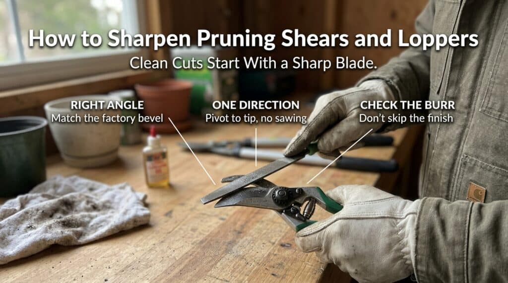 Step-by-step guide to sharpening pruning shears and loppers with safety tips.