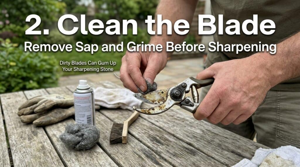Person cleaning pruning shears with a wire brush and cleaning solution.