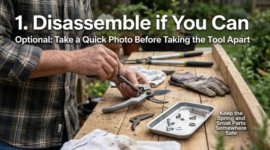 Person disassembling pruning shears on a workbench outdoors.