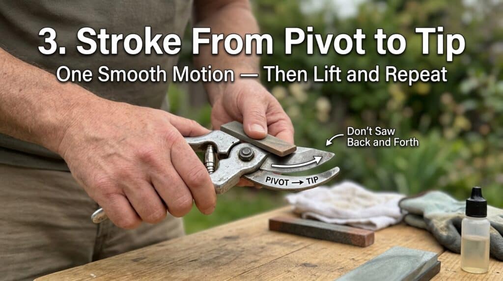 Using pruning shears to sharpen blades with step-by-step guide.