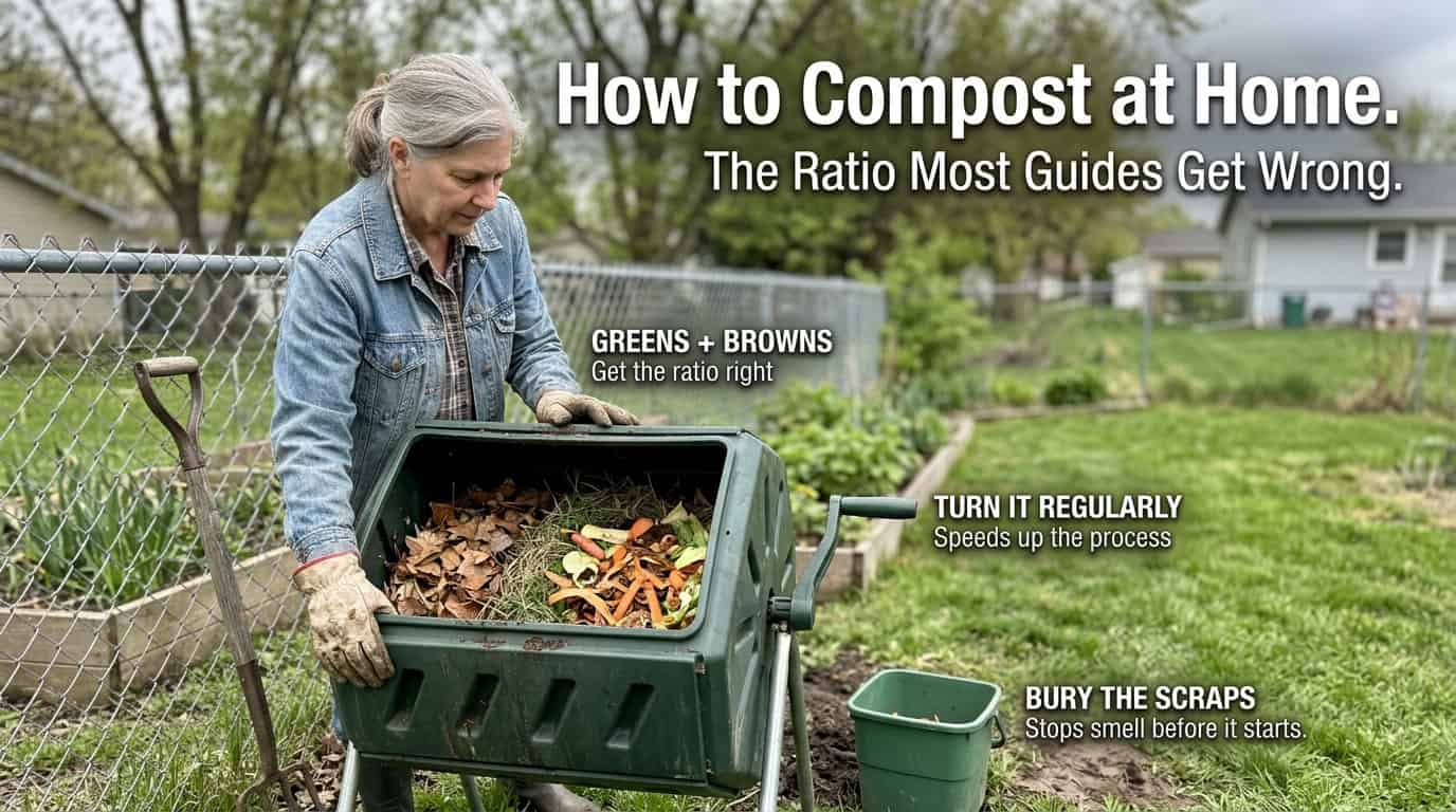 Woman composting leaves in a green bin in her backyard.