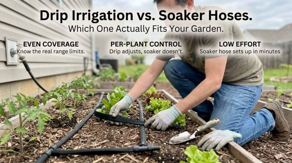 Gardener installing drip irrigation system in vegetable garden.