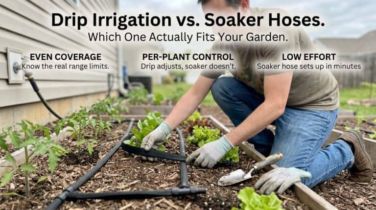 Gardener installing drip irrigation system in vegetable garden.