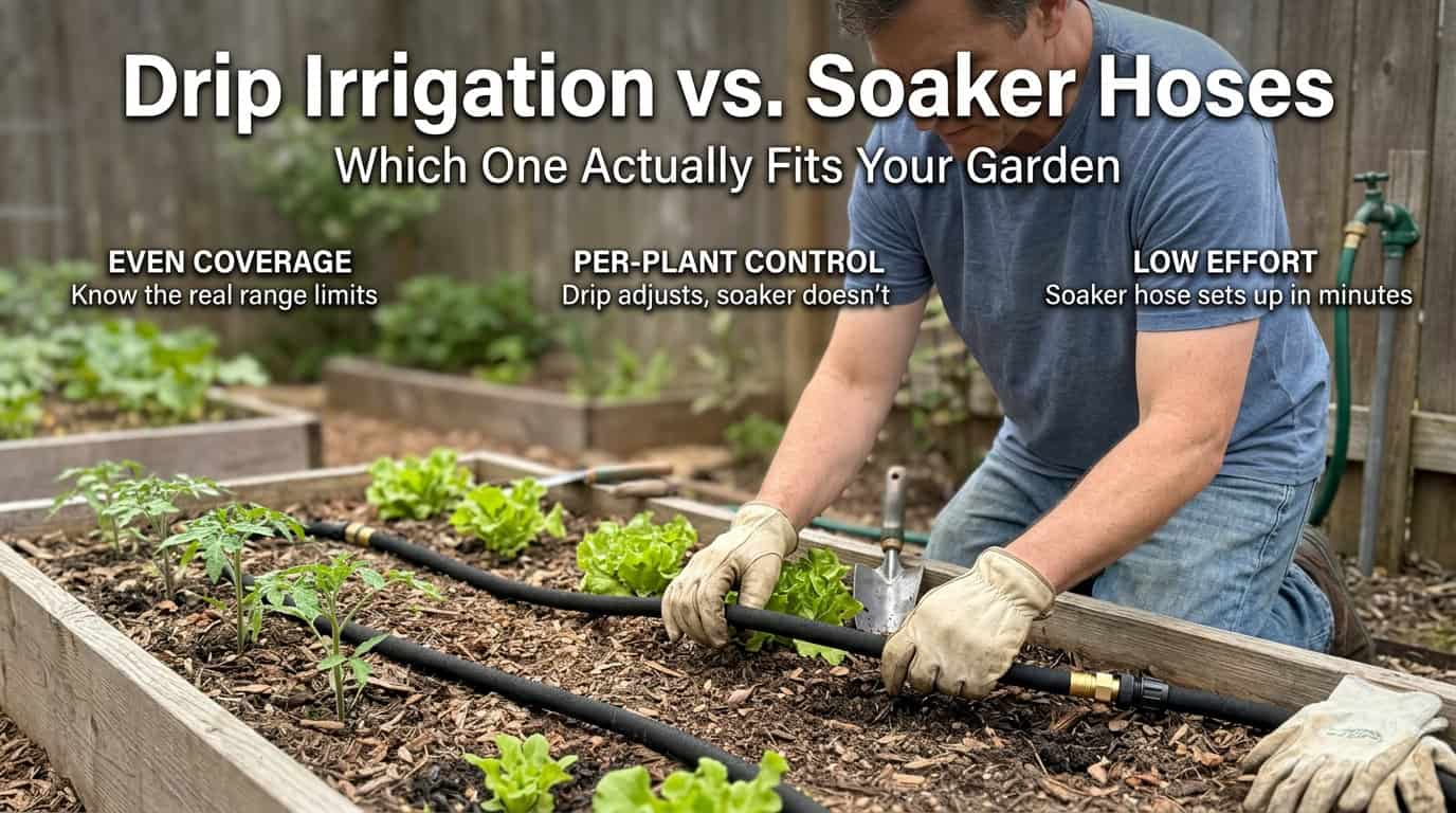 Comparison of drip irrigation and soaker hoses for garden watering.