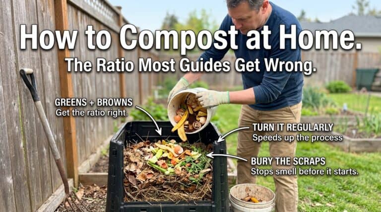 Man composting kitchen scraps in backyard compost bin.