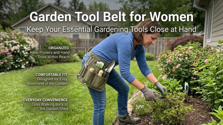 Women gardening with a tool belt holding pruners and hand tools in a lush garden.